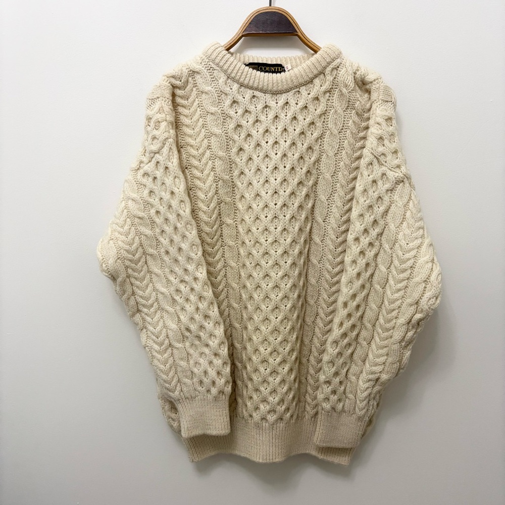 Vintage Wool Fisherman Sweater Mens Cream Cable Knit Irish Country Knitwear